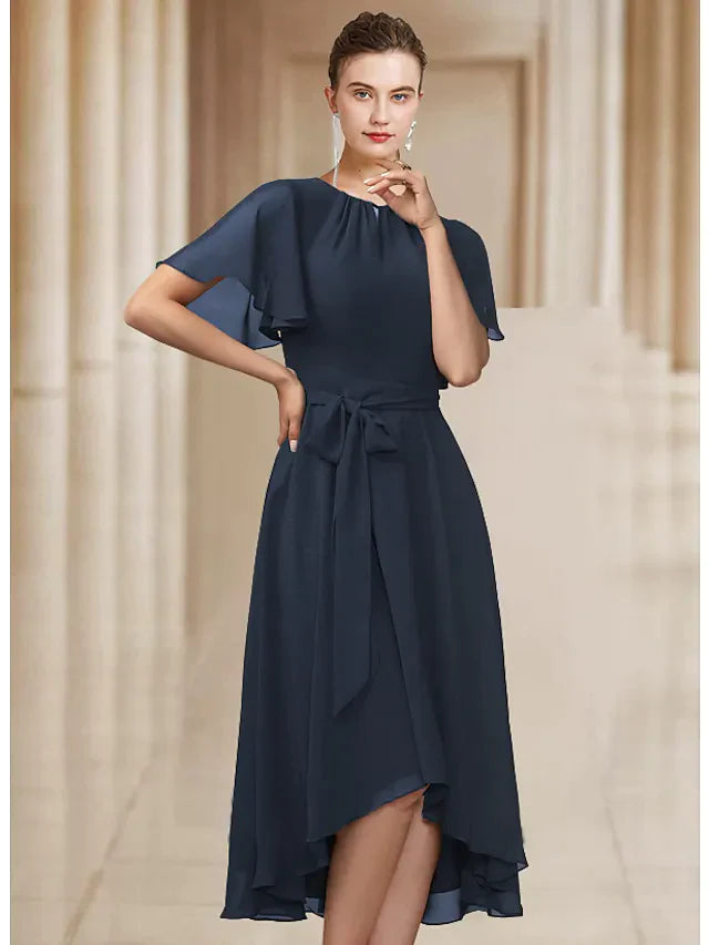 Elegant A-line chiffon Mother of the Bride dress with jewel neck, short sleeves, pleats, and bows.