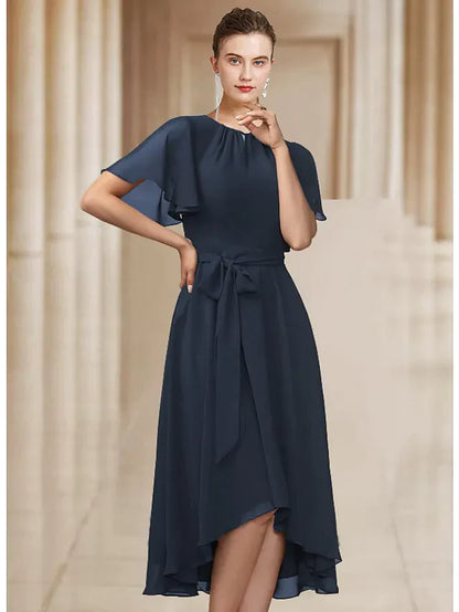 Elegant A-line chiffon Mother of the Bride dress with jewel neck, short sleeves, pleats, and bows.
