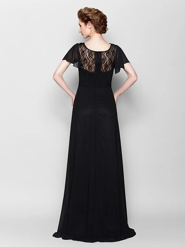 Side view of the A-line chiffon dress, showing short sleeves and floor length.