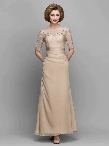 Elegant A-Line chiffon Mother of the Bride dress with jewel neck and half sleeves.