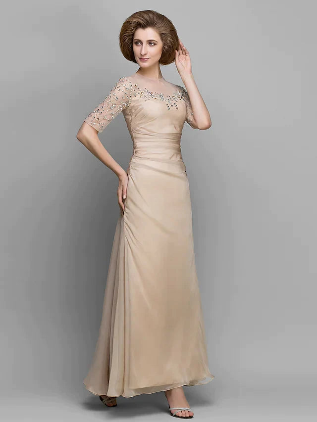 Detail of the ankle-length chiffon skirt and elegant drape of the A-Line gown.