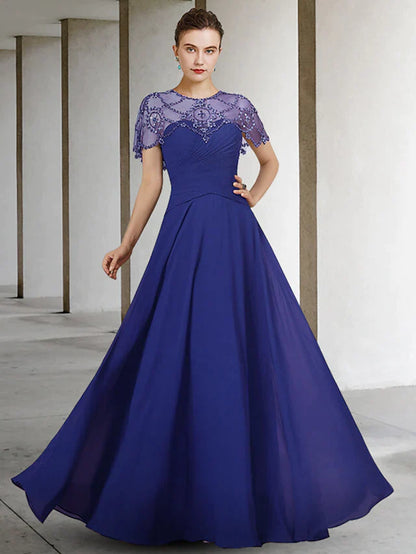 Elegant A-line chiffon Mother of the Bride dress with jewel neck and short sleeves, featuring delicate beading.