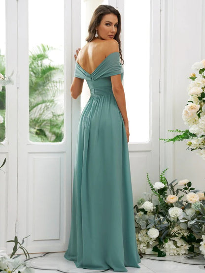 Back view of an A-line chiffon ruched off-the-shoulder bridesmaid dress.