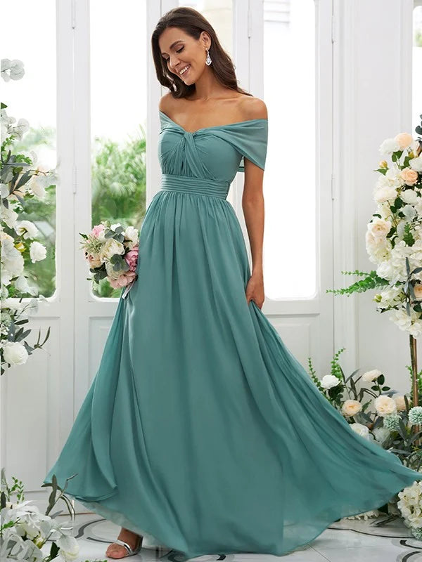 Front view of an elegant A-line off-the-shoulder floor-length bridesmaid dress.
