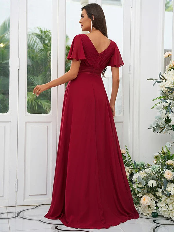 Side view of the A-line ruched chiffon bridesmaid dress.