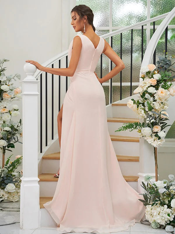 Back view of an A-line sleeveless chiffon dress for bridesmaids.