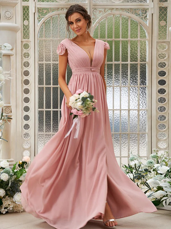Elegant A-line chiffon bridesmaid dress with V-neck and ruffles.