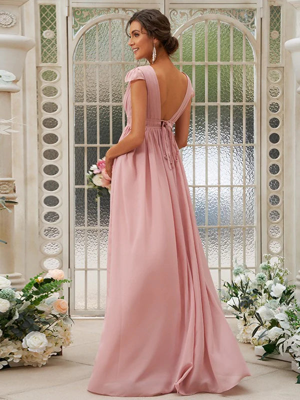 Back view of a sleeveless A-line chiffon bridesmaid dress.