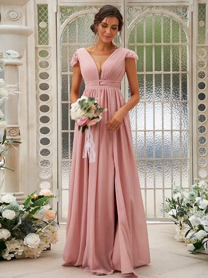 Full length view of an A-line chiffon bridesmaid gown.