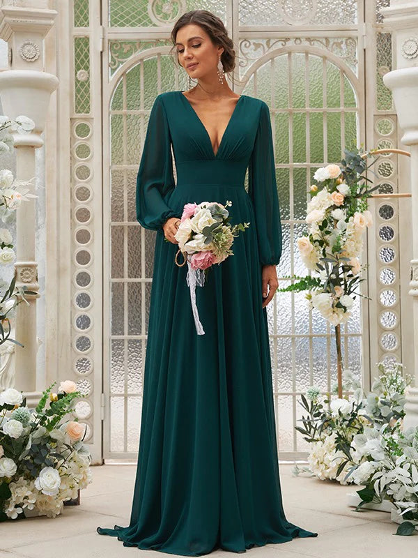 A-line chiffon bridesmaid dress with V-neck and long ruffle sleeves.