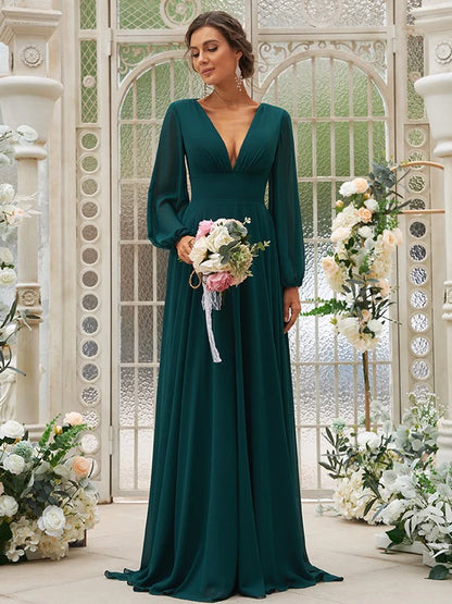 A-line chiffon bridesmaid dress with V-neck and long ruffle sleeves.