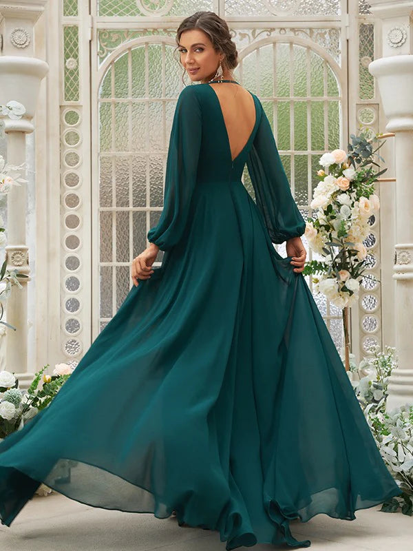 Back view of the A-line chiffon bridesmaid dress.