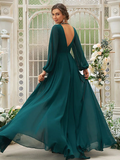 Back view of the A-line chiffon bridesmaid dress.