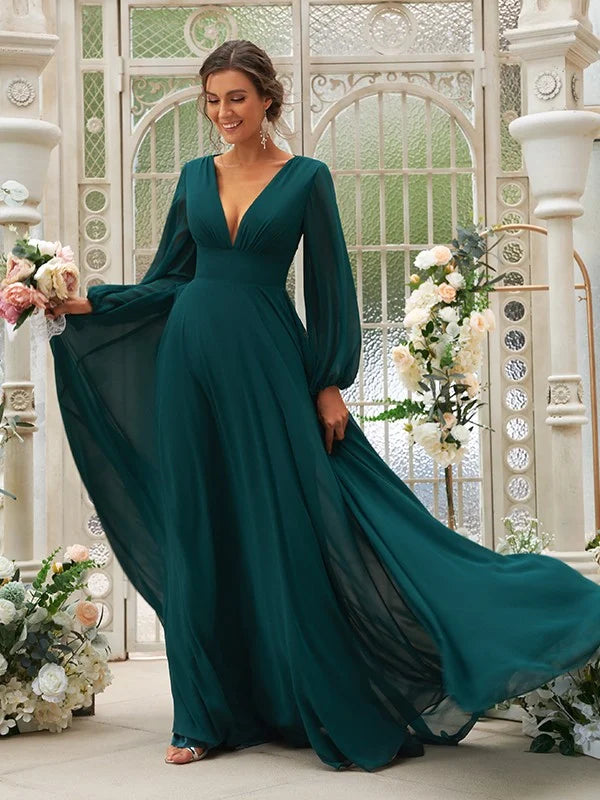 Front view of the elegant A-line chiffon bridesmaid dress.