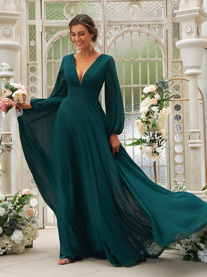 Front view of the elegant A-line chiffon bridesmaid dress.