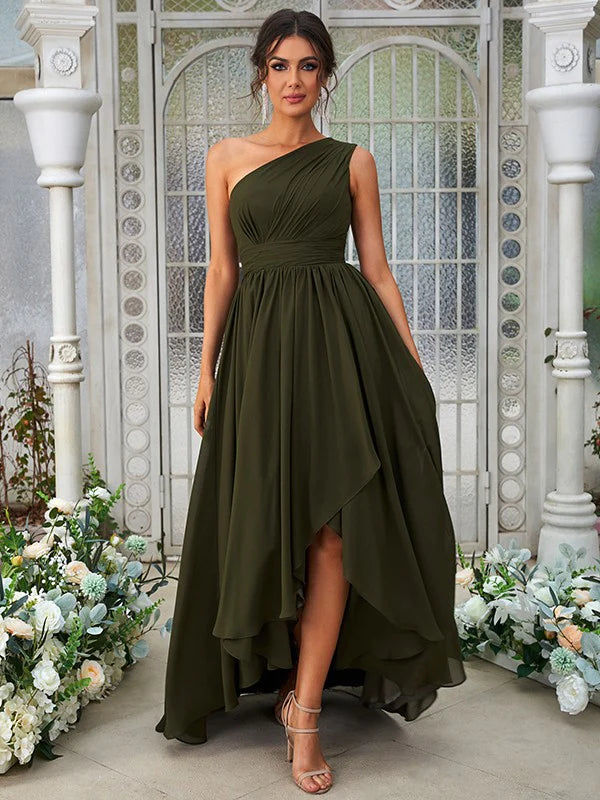 A-Line chiffon bridesmaid dress with one-shoulder neckline, ruffles, and asymmetrical hem.