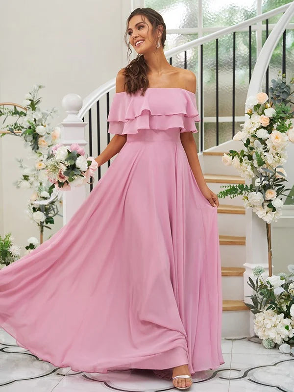 Elegant A-Line chiffon bridesmaid dress with off-the-shoulder neckline and ruffles.
