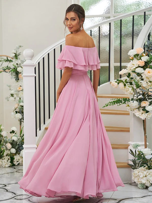 Side view of the floor-length A-Line bridesmaid gown.