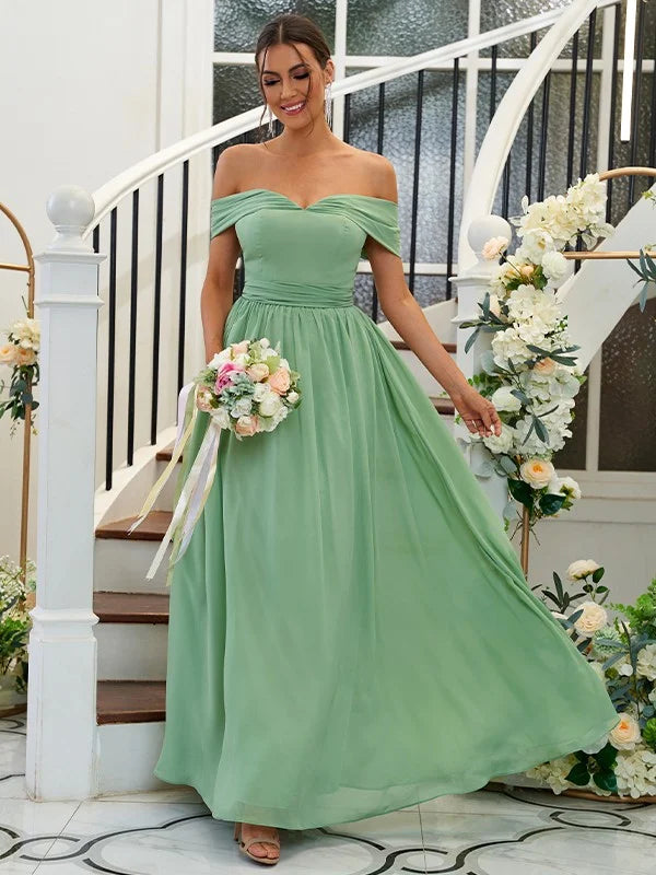 Light blue A-line chiffon bridesmaid dress with off-the-shoulder ruffles, front view.