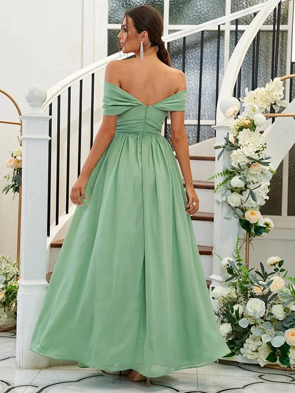 Side view of the light blue A-line chiffon bridesmaid dress, showcasing the flowing skirt.