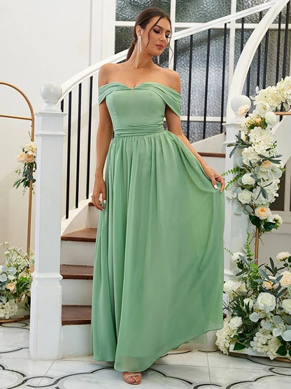 Back view of the elegant light blue A-line chiffon bridesmaid dress.