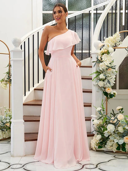 Side view of an A-line one-shoulder floor-length bridesmaid dress with delicate ruffles.