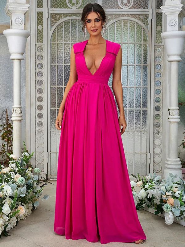 Elegant A-line chiffon bridesmaid dress with V-neck and ruffles.