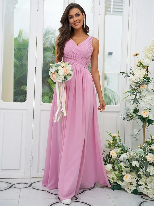 Elegant A-Line chiffon bridesmaid dress with V-neck and ruffles.