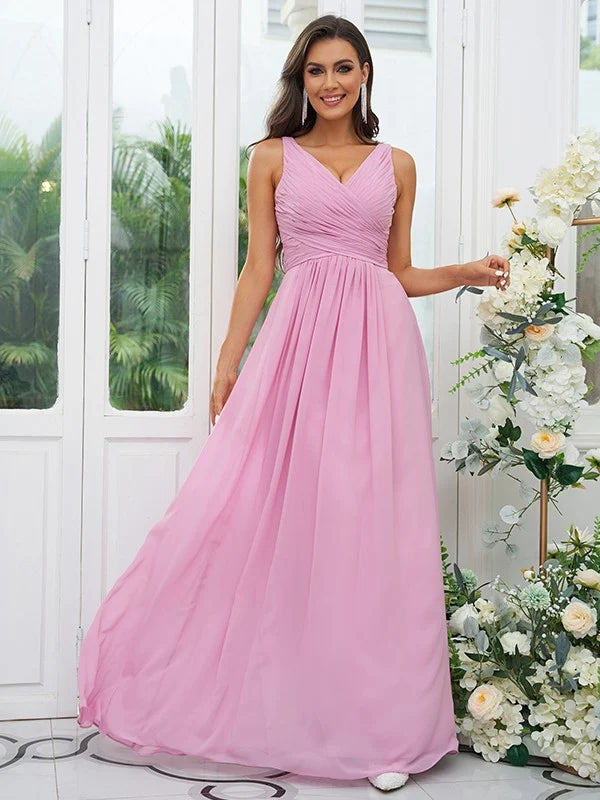 Front view of the A-Line chiffon bridesmaid dress, showcasing ruffles.
