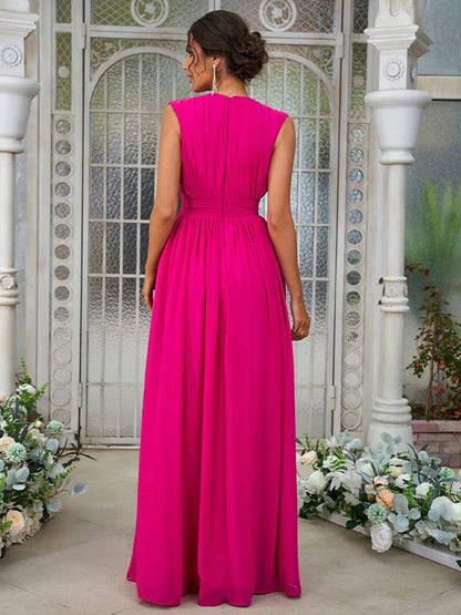 Full-length view of the sleeveless A-line bridesmaid gown in chiffon with ruffled details.