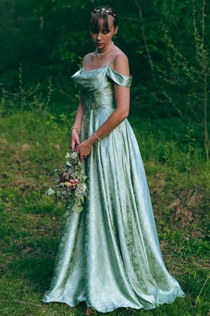 Elegant A-Line Cold Shoulder Cowl Neck Satin Maxi Dress With 3D Floral Print