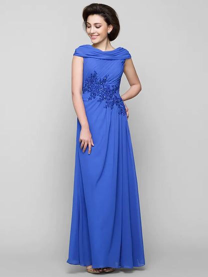 Elegant A-Line Mother of the Bride dress with cowl neck and appliques, front view.