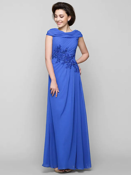 Elegant A-Line Mother of the Bride dress with cowl neck and appliques, front view.