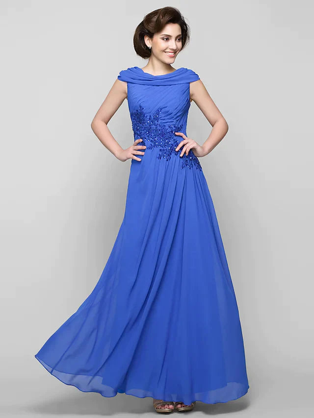 Back view of the sleeveless A-Line gown with criss-cross appliques.