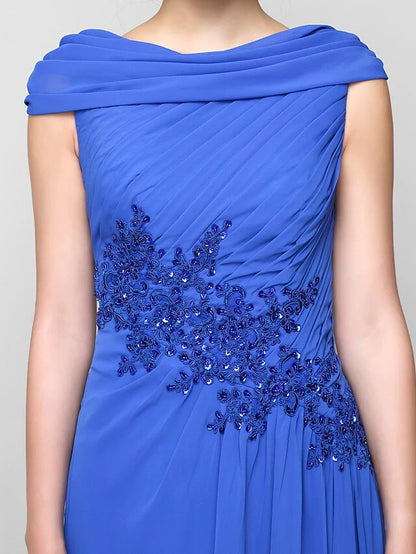 Close-up of the cowl neck and bodice details on the elegant dress.