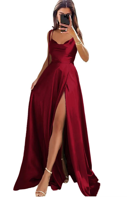 Elegant A-Line Cowl Neck Spaghetti Strap Adjustable Back Floor-Length Evening Dress