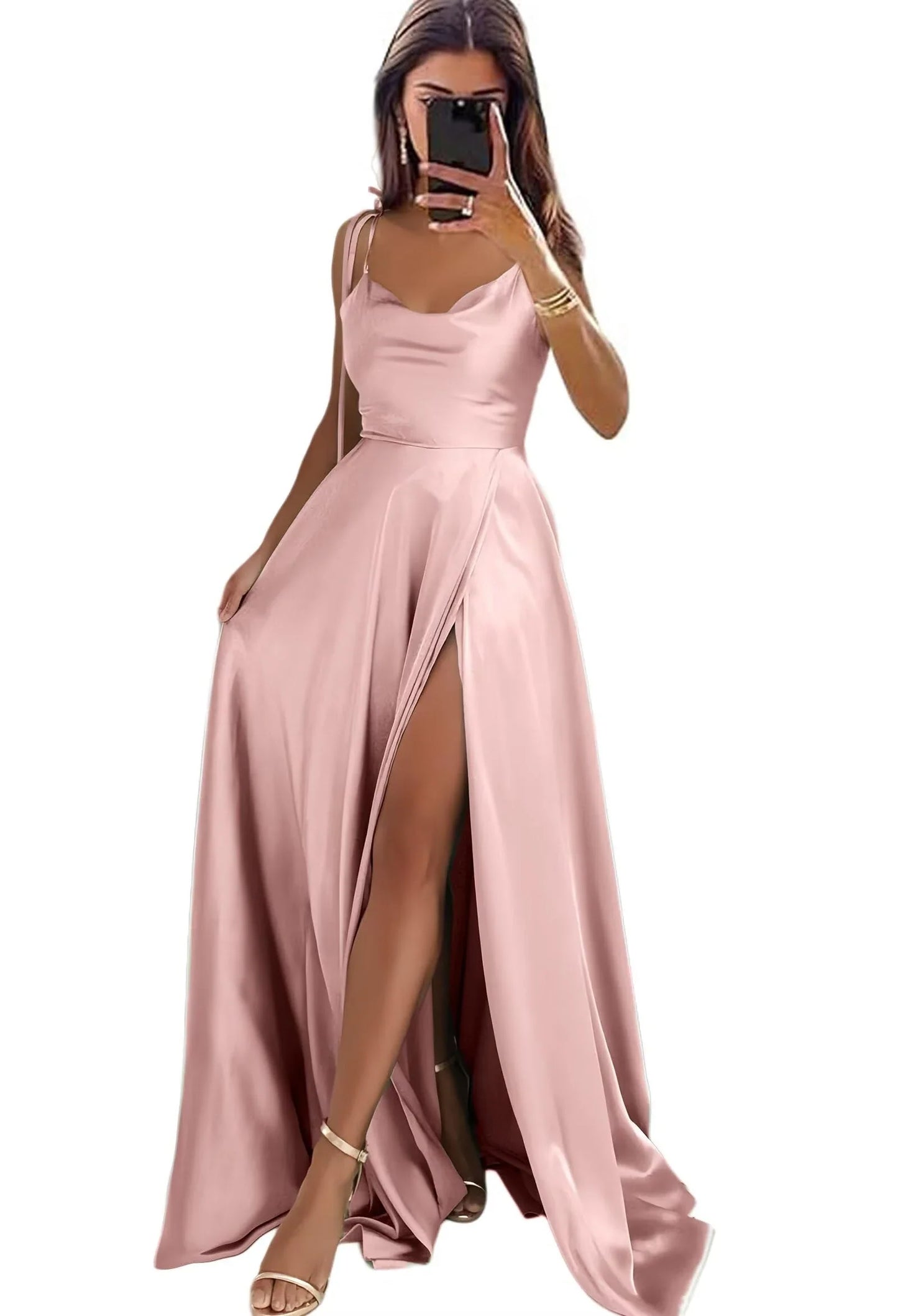 Elegant A-Line Cowl Neck Spaghetti Strap Adjustable Back Floor-Length Evening Dress