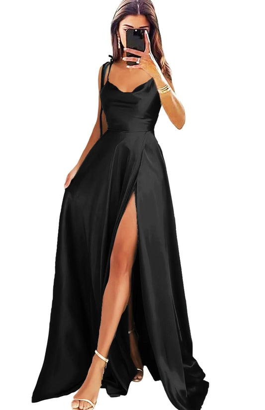 Elegant A-Line Cowl Neck Spaghetti Strap Adjustable Back Floor-Length Evening Dress