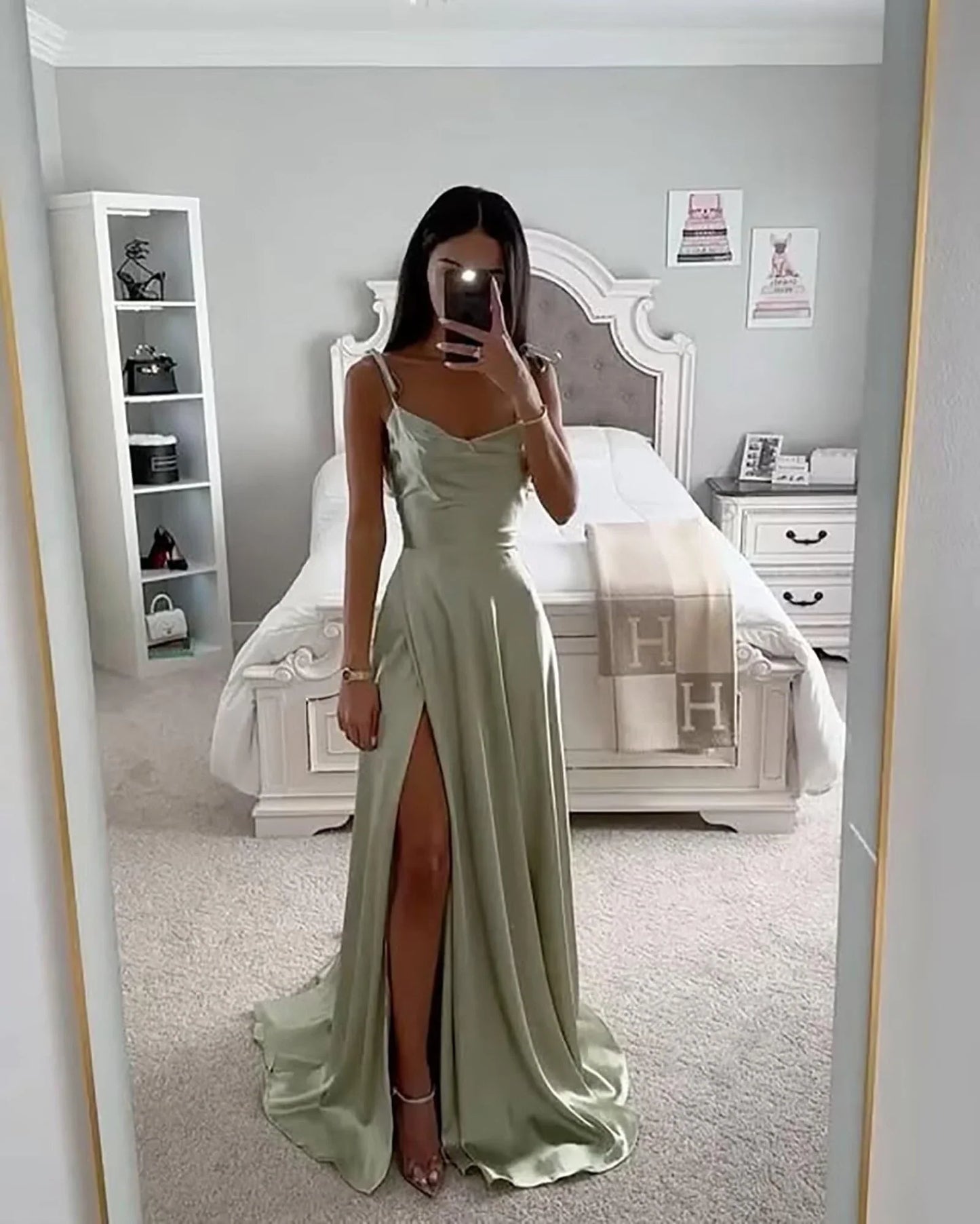 Elegant A-Line Cowl Neck Spaghetti Strap Adjustable Back Floor-Length Evening Dress