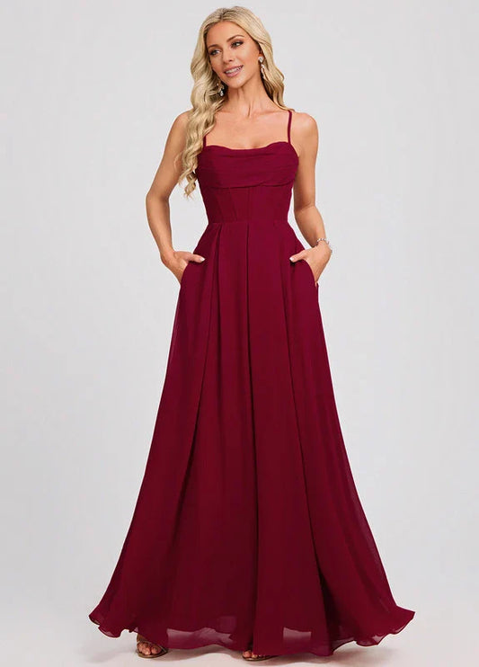 Elegant A-Line Cowl Neck Spaghetti Strap Crisscross Back Pocketed Chiffon Maxi Evening Dress