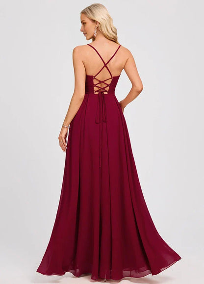 Elegant A-Line Cowl Neck Spaghetti Strap Crisscross Back Pocketed Chiffon Maxi Evening Dress