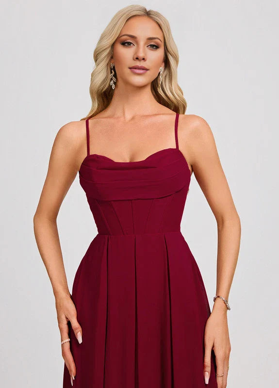 Elegant A-Line Cowl Neck Spaghetti Strap Crisscross Back Pocketed Chiffon Maxi Evening Dress