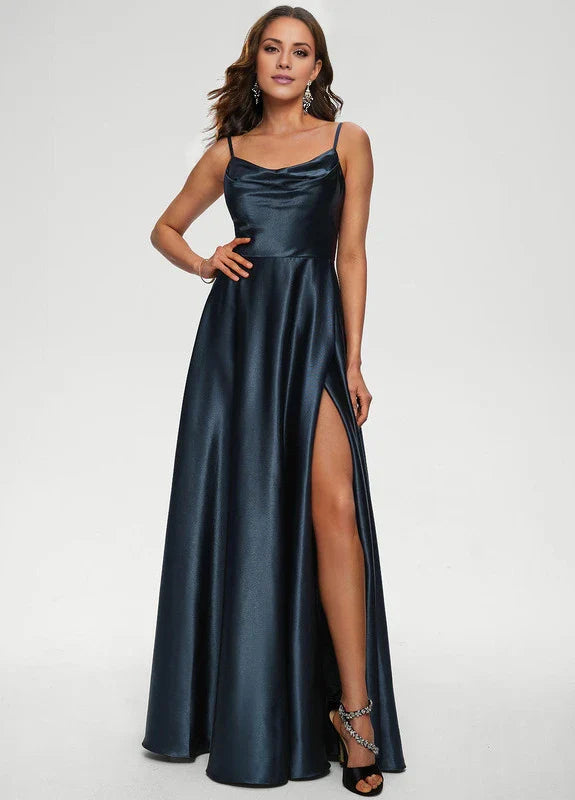 Elegant A-Line Cowl Neck Spaghetti Strap High-Slit Satin Maxi Evening Dress