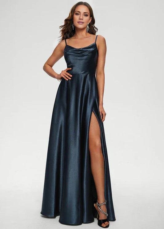Elegant A-Line Cowl Neck Spaghetti Strap High-Slit Satin Maxi Evening Dress