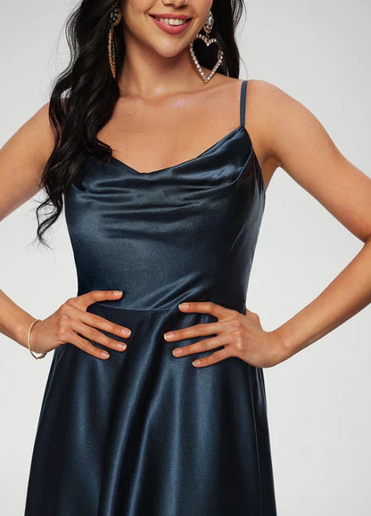 Elegant A-Line Cowl Neck Spaghetti Strap High-Slit Satin Maxi Evening Dress