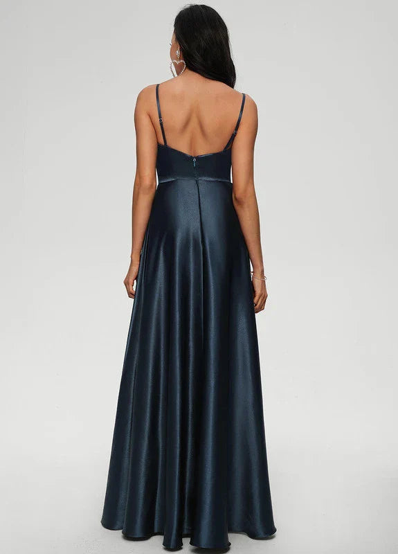 Elegant A-Line Cowl Neck Spaghetti Strap High-Slit Satin Maxi Evening Dress