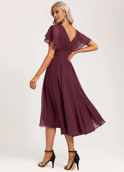 Elegant A-Line Crew Neck Flutter Sleeve Chiffon High-Low Midi Evening Dress