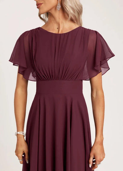 Elegant A-Line Crew Neck Flutter Sleeve Chiffon High-Low Midi Evening Dress
