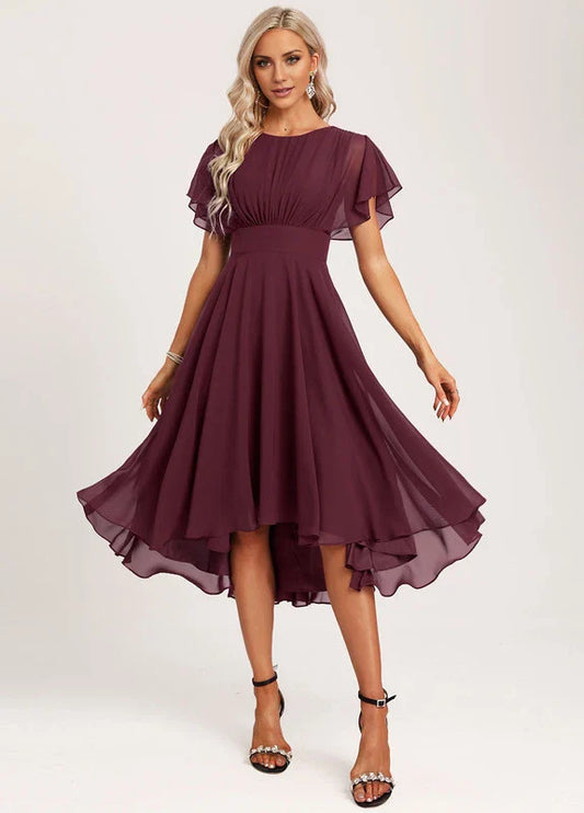 Elegant A-Line Crew Neck Flutter Sleeve Chiffon High-Low Midi Evening Dress