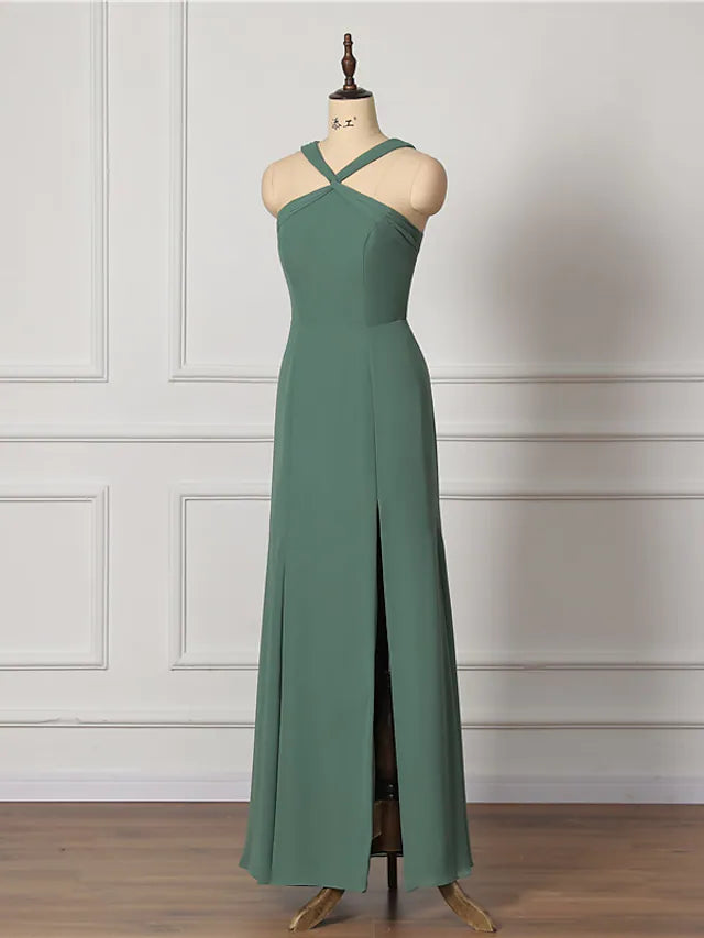 Elegant A-line chiffon bridesmaid dress with cross-front bodice and floor-length skirt.